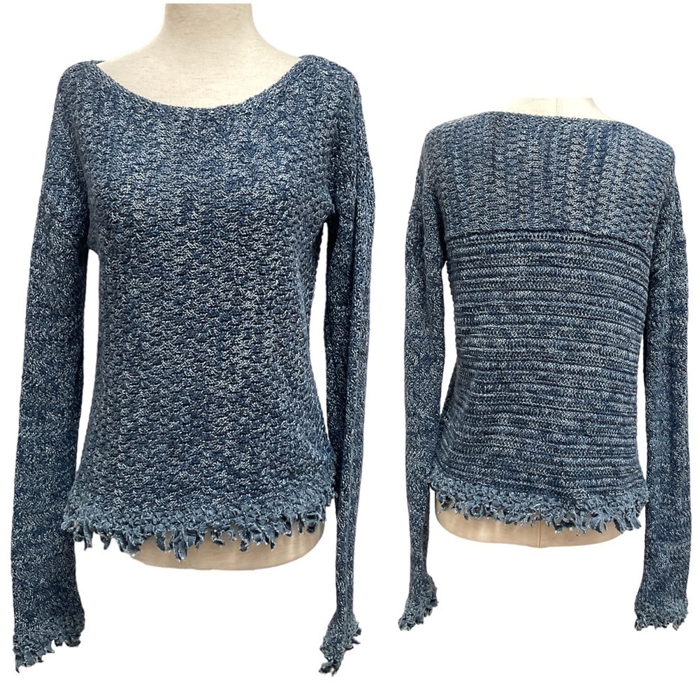 White + Warren Crochet Cotton Knit Fringe Sweater Blue & White XSmall